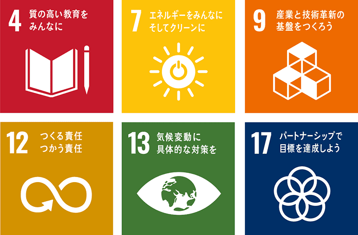 4 質の高い教育をみんなに 7 エネルギーをみんなにそしてクリーンに 9 産業と技術革新の基盤をつくろう 12 つくる責任 つかう責任 13 気候変動に具体的な対策を 17 パートナーシップで目標を達成しよう