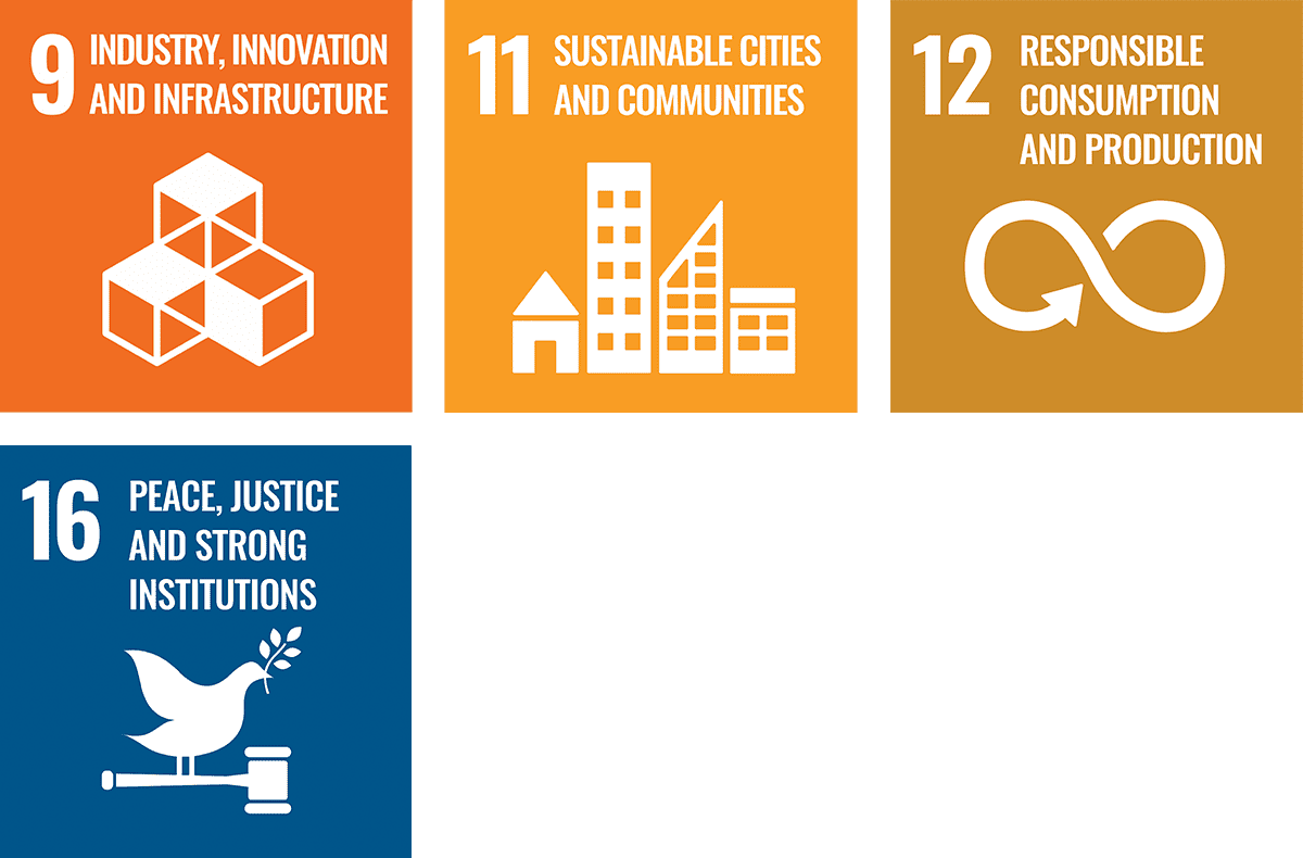 9. Build infrastructure for industry and innovation 11. Develop sustainable cities and towns 12. Responsible consumption and production 16. Peace, justice and strong institutions