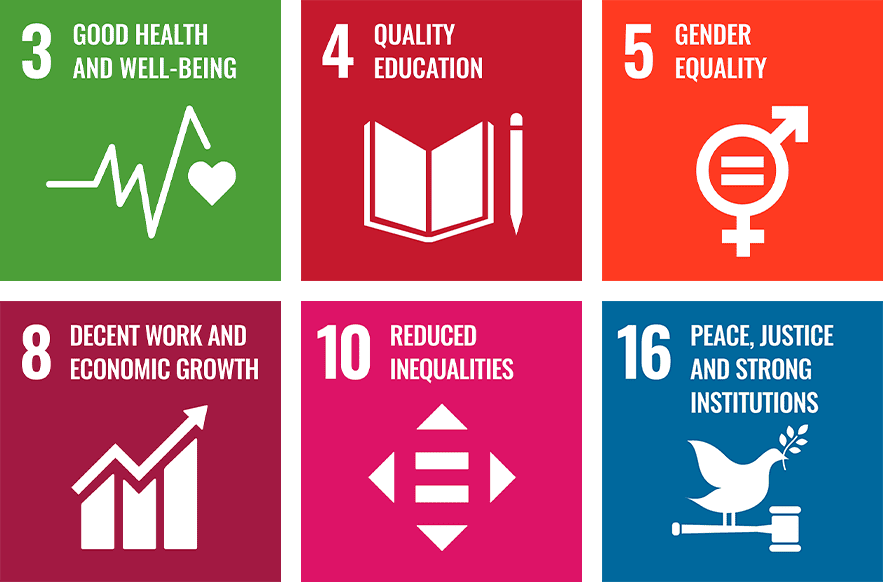 3. Good health and well-being 4. Quality education 5. Gender equality 8. Decent work and economic growth 10. Reduced inequalities 16. Peace, justice and strong institutions